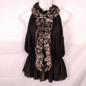 Robert Rodriguez Black/Beige Ruffle V-Neck Sleeveless Halter Style Blouse Sz Med